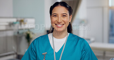 Buy stock photo Nurse, portrait and smile in hospital for healthcare, confidence and professional. Doctor assistant, happy and trust in gynecology clinic for wellness, medicine and government services in Brazil