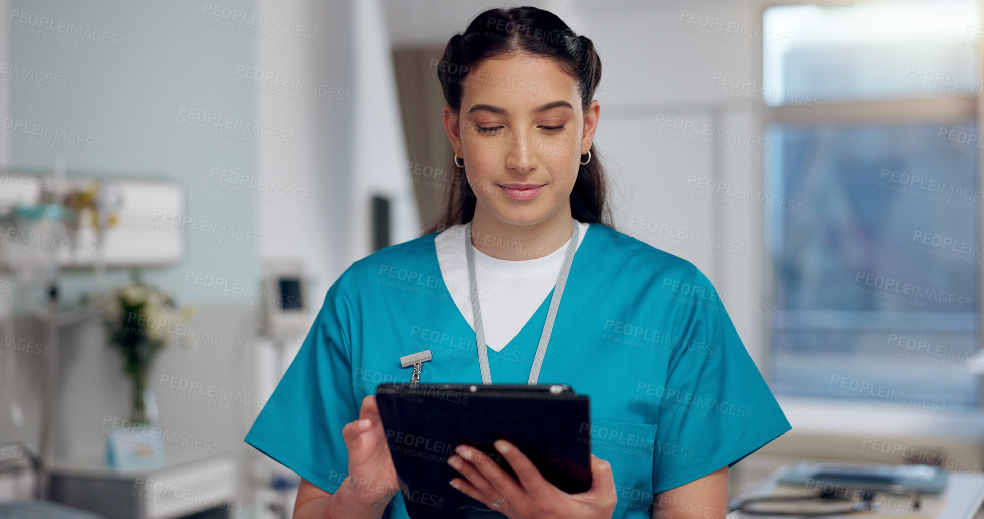 Buy stock photo Woman, nurse and smile with tablet at hospital for patient results, feedback and report with ehealth. Female person, employee and happy on clinic website for medical information, database and health