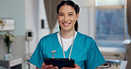 Portrait, woman and nurse with tablet at hospital for Telehealth consultation, healthcare or medical report. Happy, female person and digital for surgery schedule, prescription and diagnosis solution