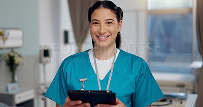 Buy stock photo Portrait, woman and nurse with tablet at hospital for Telehealth consultation, healthcare or medical report. Happy, female person and digital for surgery schedule, prescription and diagnosis solution