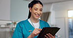 Smile, woman and nurse with tablet at hospital for Telehealth consultation, healthcare charts or medical information. Happy, female person and digital for appointment schedule, adn and reading report