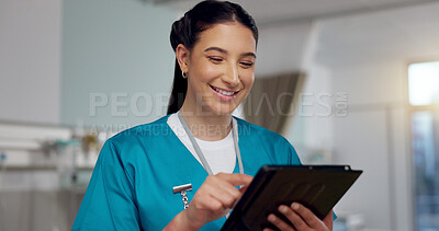 Buy stock photo Smile, woman and nurse with tablet at hospital for Telehealth consultation, healthcare charts or medical information. Happy, female person and digital for appointment schedule, adn and reading report