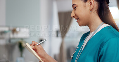 Buy stock photo Nurse, medic and writing in folder, hospital or clinic for recovery, wellness or healthcare for treatment. Female person, note and medical staff for record, diagnosis or results for support or advice