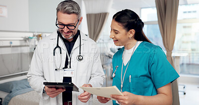 Buy stock photo Tablet, doctor and nurse in hospital or clinic for recovery, wellness and healthcare for treatment. Female person, technology and medical staff with record, diagnosis or results for support or advice