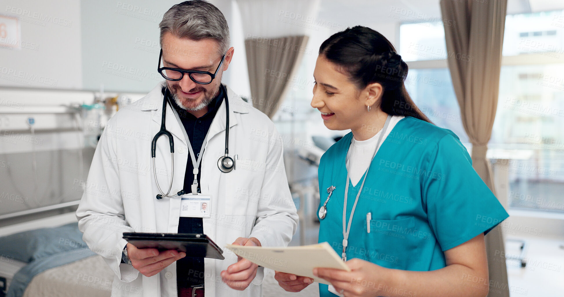 Buy stock photo Tablet, doctor and nurse in hospital or clinic for recovery, wellness and healthcare for treatment. Female person, technology and medical staff with record, diagnosis or results for support or advice