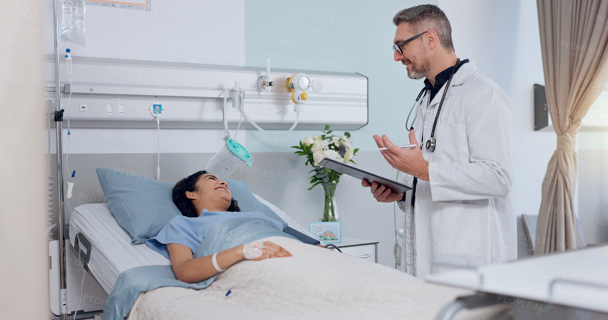 Buy stock photo Checklist, bed and doctor with patient in hospital for healthcare, consultation or medical service. Clipboard, discussion and cardiology surgeon with woman for postoperative checkup in clinic.