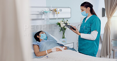 Buy stock photo Tablet, face mask and nurse with patient in hospital for healthcare, consultation or emergency service. Digital technology, virus and medical worker with woman for postoperative checkup in clinic.