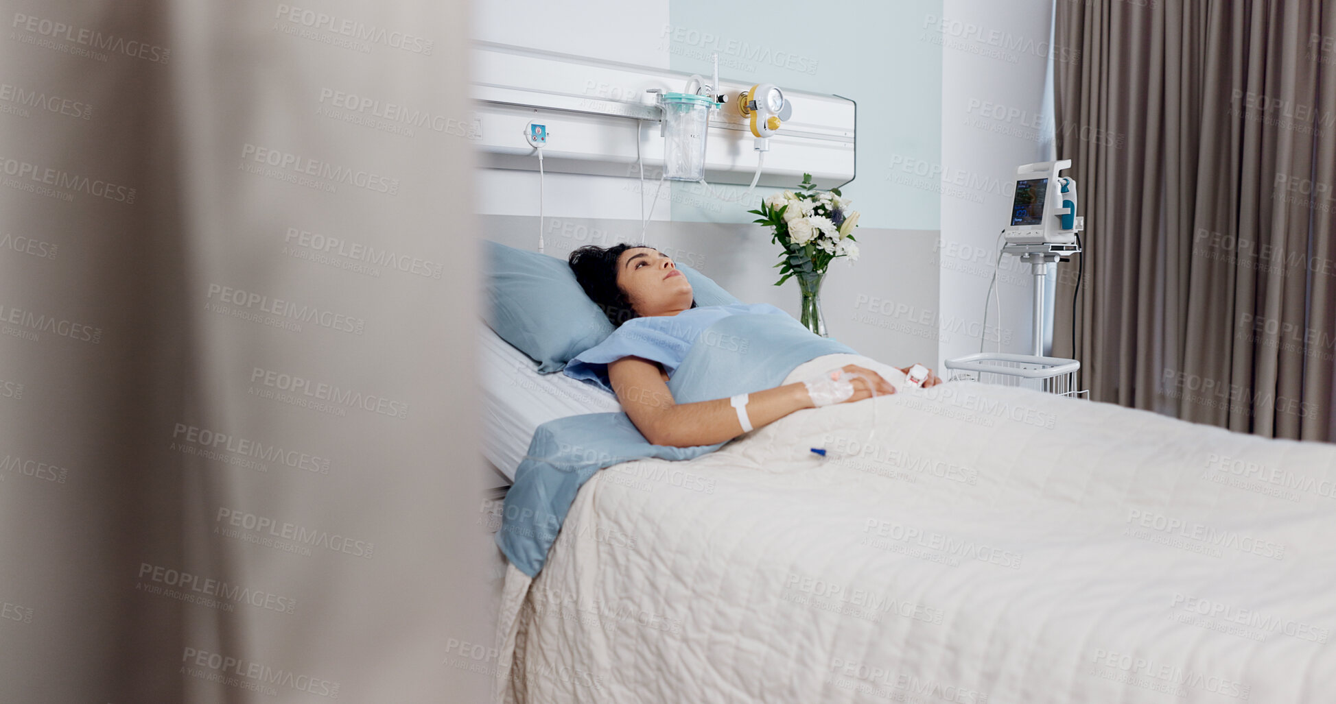 Buy stock photo Woman, patient and bed at hospital for iv drip, treatment and recovery with thinking, pain and tired. Person, rest and fluid for hydration, morphine or drugs at healthcare clinic, wellness or service