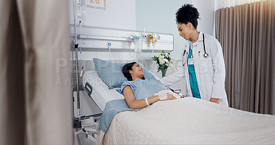 Buy stock photo Women, doctor and patient in bed with smile at hospital for checkup, good news and feedback. People, happy and satisfied with recovery on illness or disease with care, support and love or trust