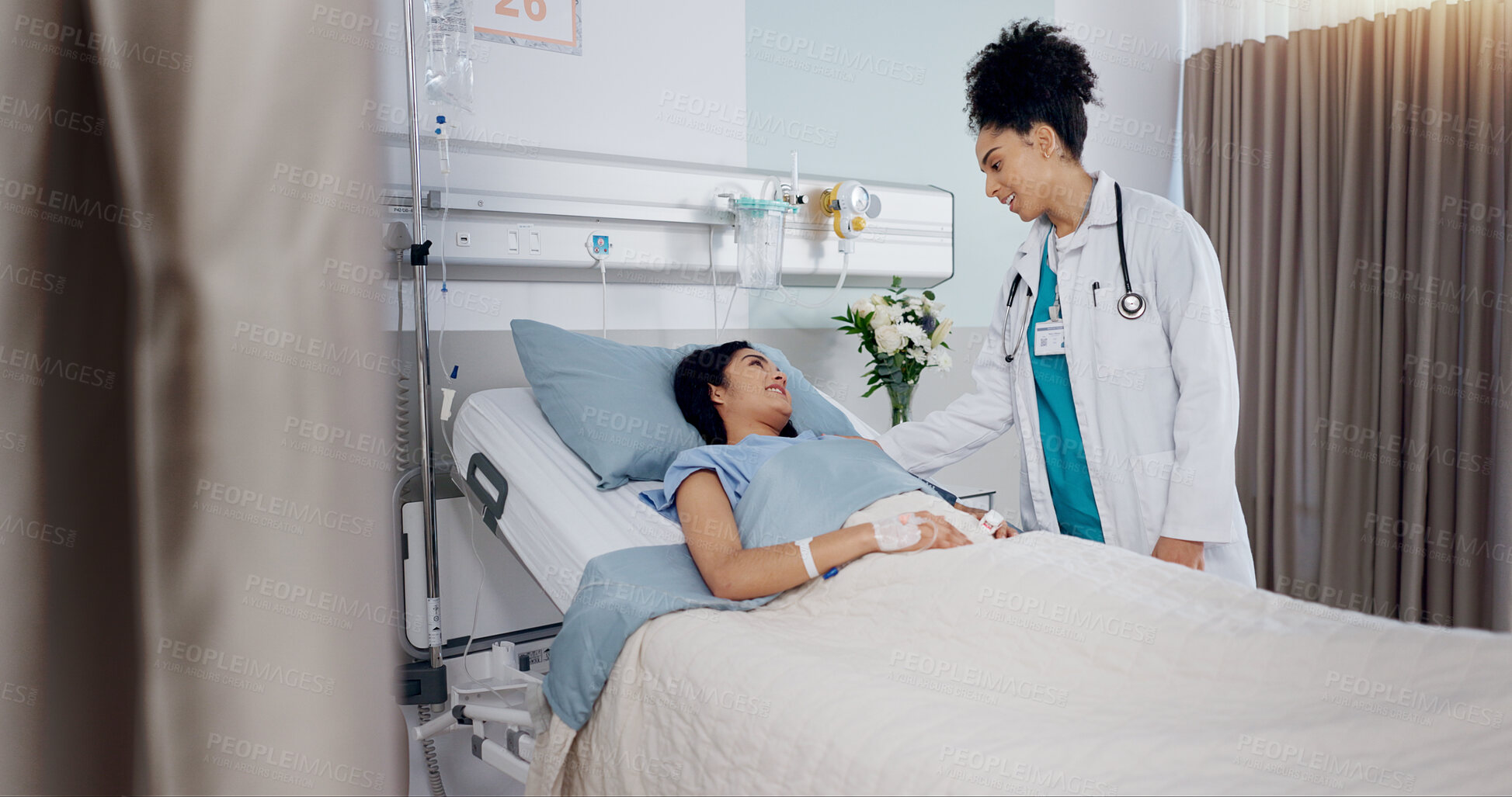 Buy stock photo Women, doctor and patient in bed with smile at hospital for checkup, good news and feedback. People, happy and satisfied with recovery on illness or disease with care, support and love or trust