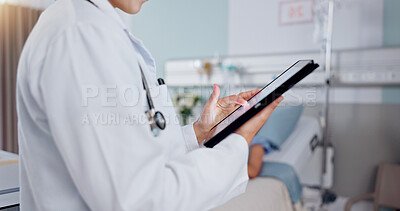 Buy stock photo Hands, doctor and person with tablet, healthcare and online reading for schedule, diagnosis treatment and wellness. Closeup, employee and professional with technology, website info and medical charts