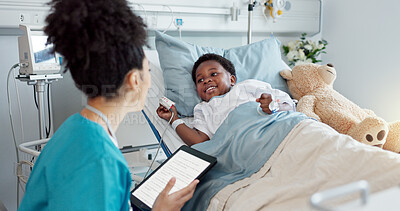 Buy stock photo Consultation, nurse and black child patient in hospital for recovery of surgery for congenital heart disease. Tablet, sick and medical cardiology practitioner with African kid for postoperative care.