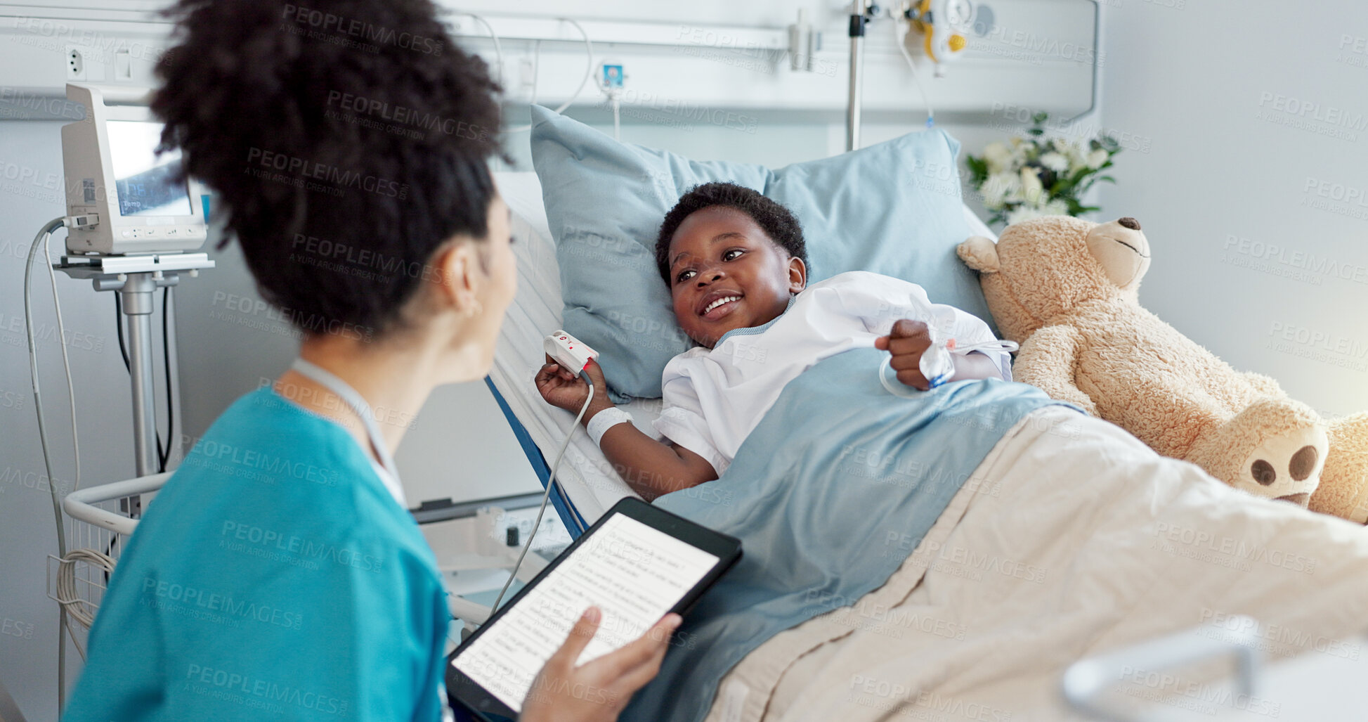 Buy stock photo Consultation, nurse and black child patient in hospital for recovery of surgery for congenital heart disease. Tablet, sick and medical cardiology practitioner with African kid for postoperative care.