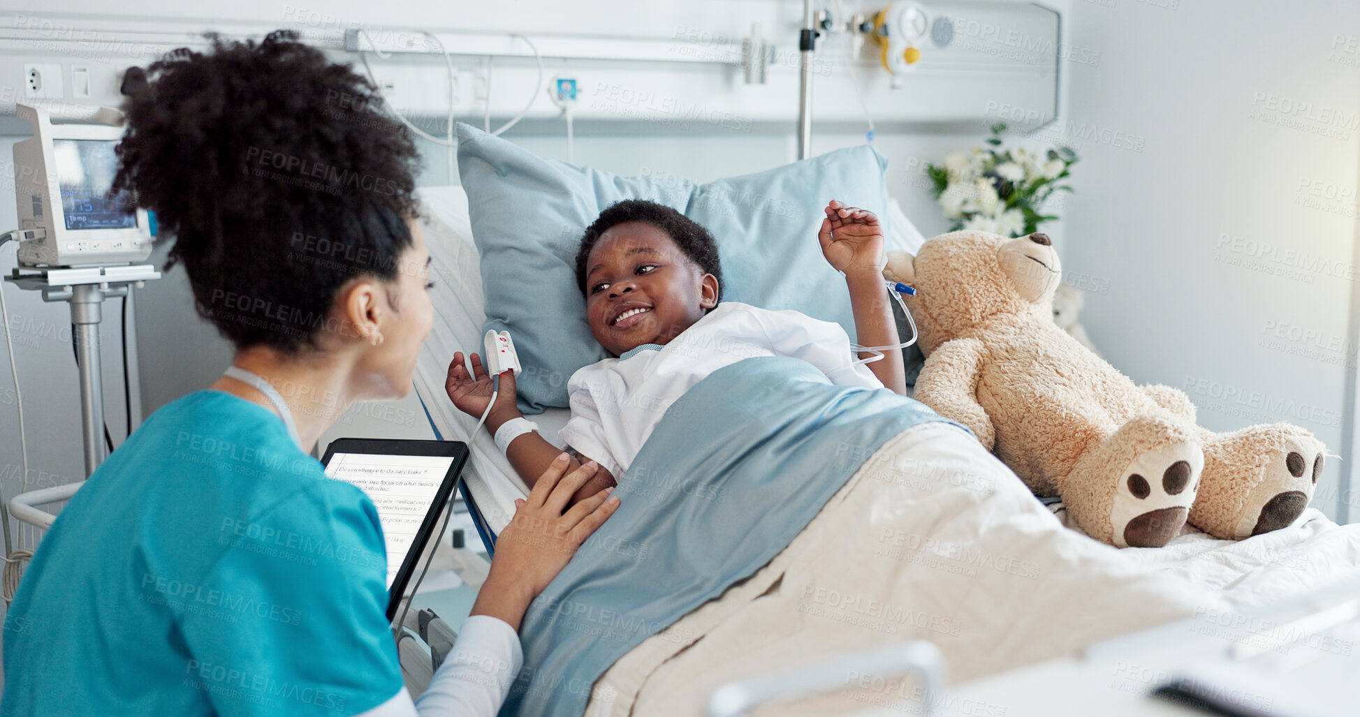 Buy stock photo Tablet, nurse and black child patient in hospital for recovery of surgery for congenital heart disease. Checkup, sick and cardiology medical worker with technology for kid in postoperative care.