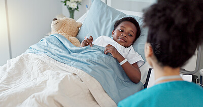 Buy stock photo Consultation, nurse and black kid patient in hospital for recovery of surgery for congenital heart disease. Checkup, sick and cardio medical worker with African child in bed for postoperative care.