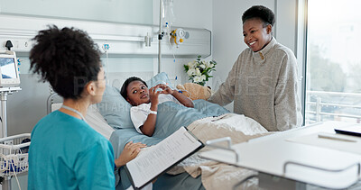 Buy stock photo Mother, nurse and black kid patient in hospital for recovery of surgery for congenital heart disease. Checkup, sick and cardiology medical worker with African mom and child for postoperative care.