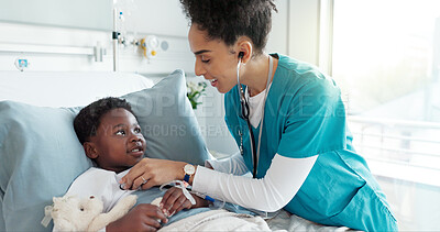 Buy stock photo Patient, doctor and girl with checkup, kid and healthcare with wellness, talking and service. Medical, professional and child in hospital bed, appointment and recovery with healing or treatment