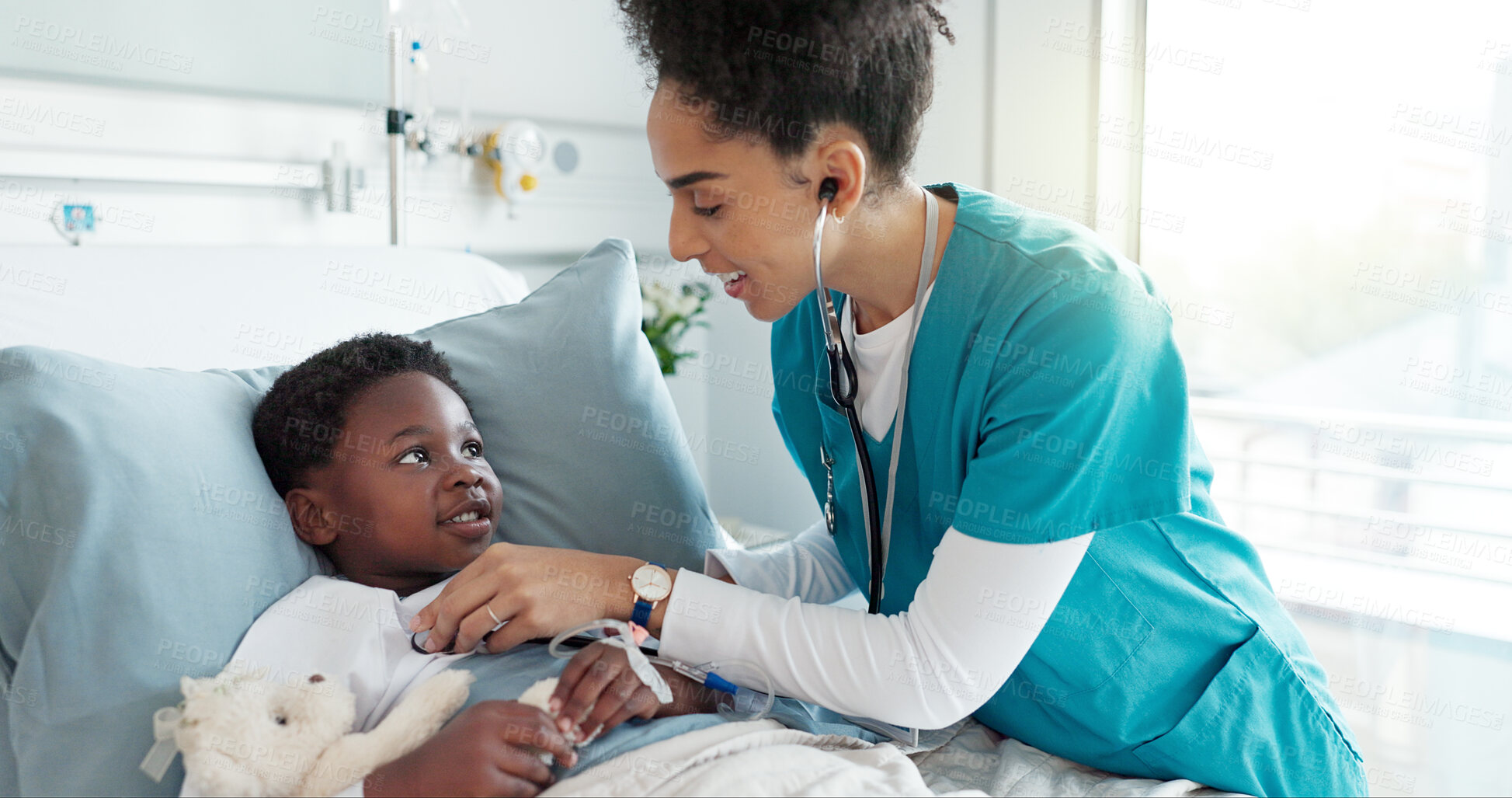 Buy stock photo Patient, doctor and girl with checkup, kid and healthcare with wellness, talking and service. Medical, professional and child in hospital bed, appointment and recovery with healing or treatment