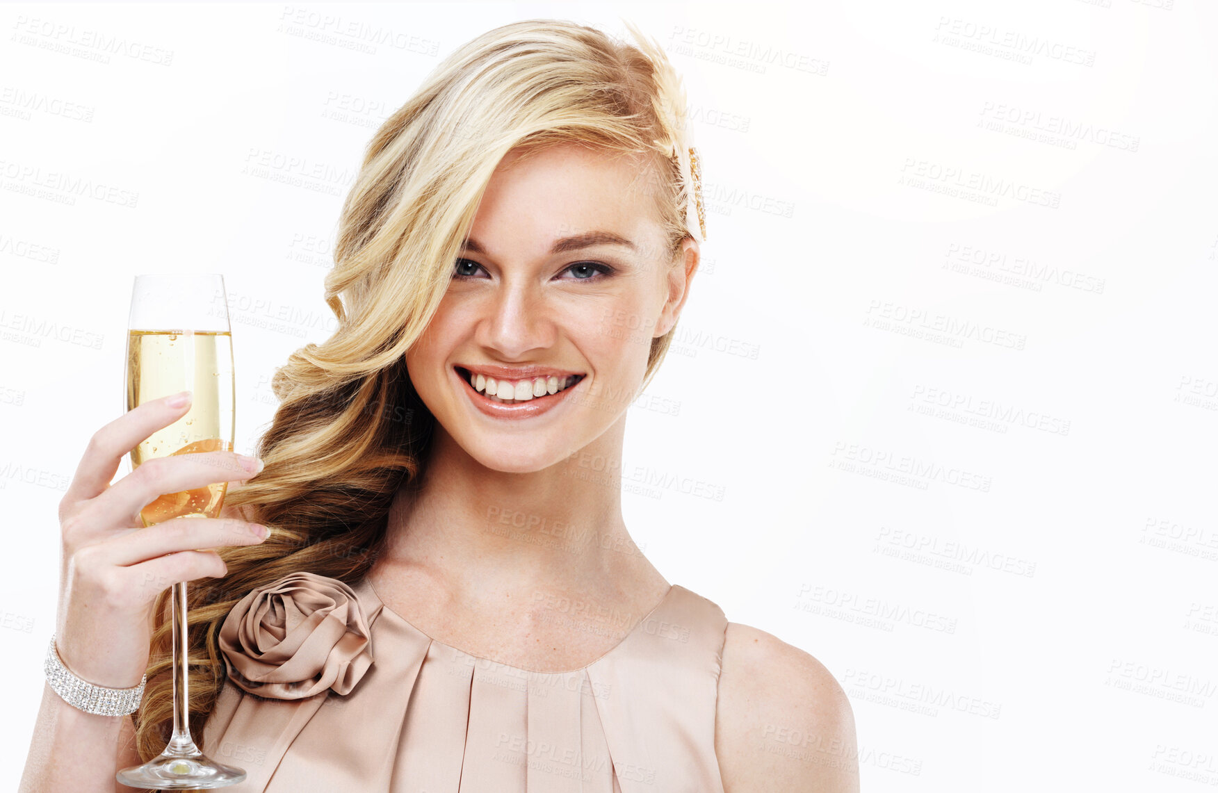 Buy stock photo Closeup of a stunning young blonde woman holding a glass of champagne