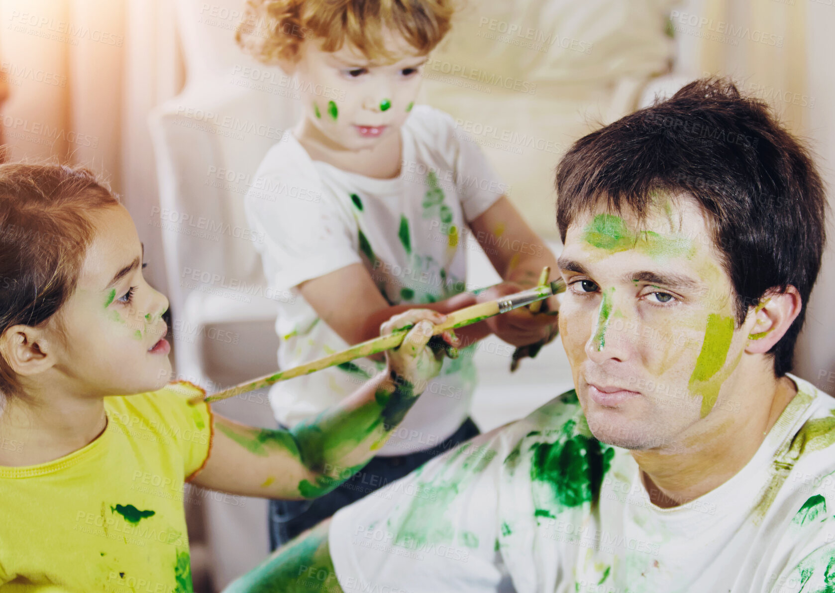 Buy stock photo Father, kids and face painting in home for creativity, game and siblings with ADHD. Man portrait, children and facial art in living room for family bonding, relationship growth and skills development