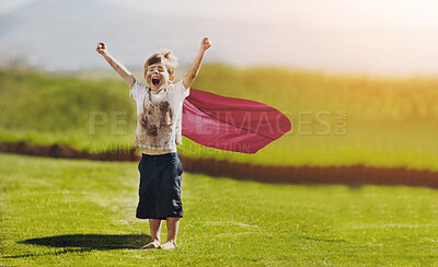 Buy stock photo Cute little boy cheering while standing outdoors