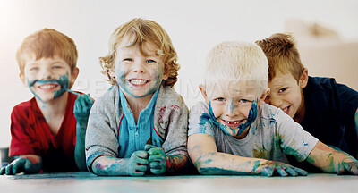 Buy stock photo Portrait, smile and kids with face paint, friends relax and funny with mess on kindergarten floor. Group, happy boys and children with art, creative talent and playing with color game for education