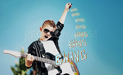 Buy stock photo Little boy playing the electric guitar with a rockstar attitude