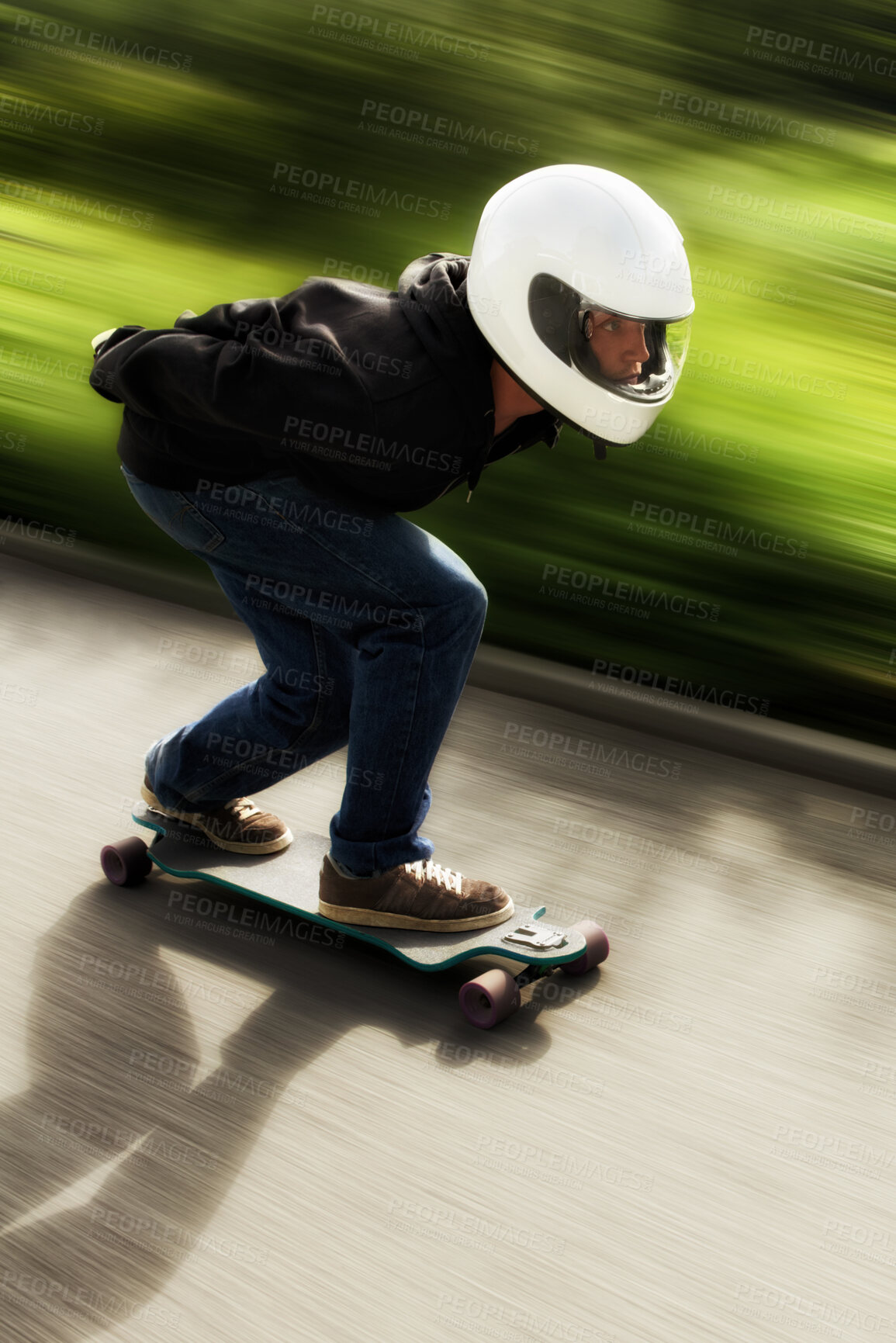 Buy stock photo Man, longboard and speed with motion blur on road with helmet for exercise, fitness and outdoor in summer. Person, skateboard and fast in street with thinking for extreme sports, training or moving