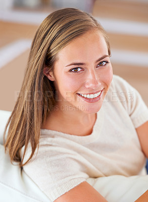 Buy stock photo Portrait, happy woman and smile for fashion, home and relaxed on couch. Confident, comfortable and casual for female model at house, stylish and natural aesthetic or indoors in living room  