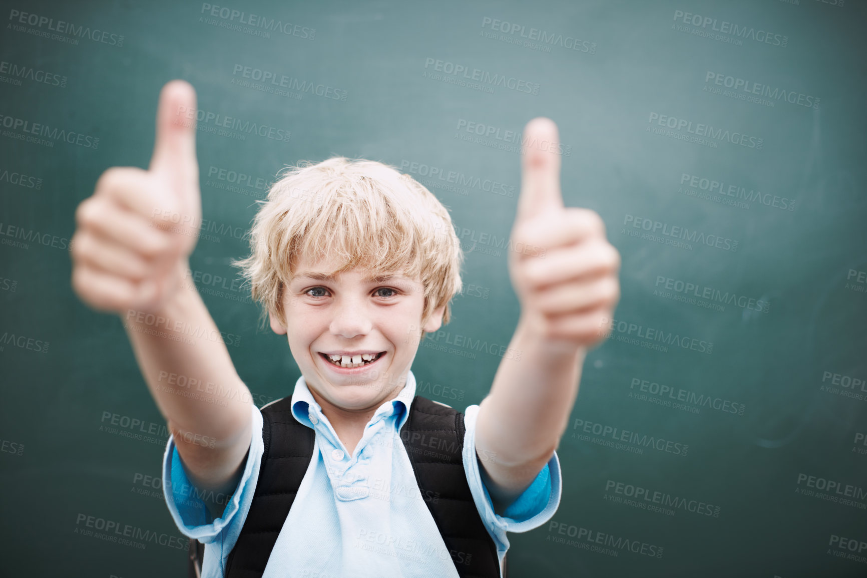 Buy stock photo Portrait, happy child and thumbs up by chalkboard for learning, quality education and success. Face, kid and boy at school with like hand gesture for agreement, yes and student recommend scholarship