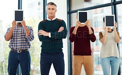 Buy stock photo Portrait, business and group hiding with tablet in office for creative disguise, technology privacy and anonymous. People, digital screen and mockup space for identity, online safety and confidential