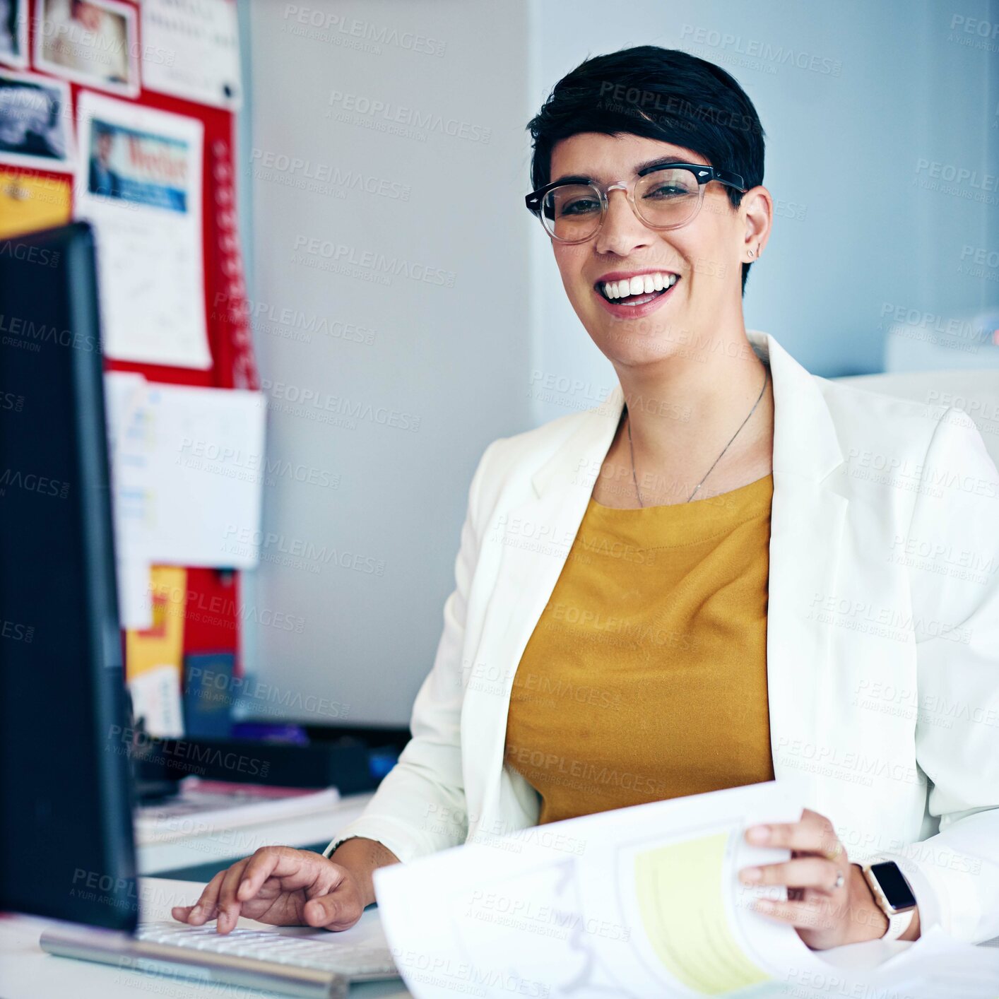 Buy stock photo Woman, portrait and computer with document in office as receptionist, financial schedule and email feedback. Female administrator, glasses and pc for project budget, policy information and data entry