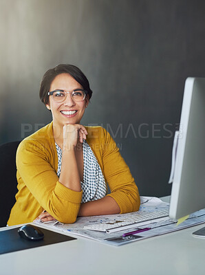 Buy stock photo Portrait, business and woman in office, computer and confidence with career ambition, network and tech. Face, person and professional with journalist, copywriting and creative agency with pc or smile