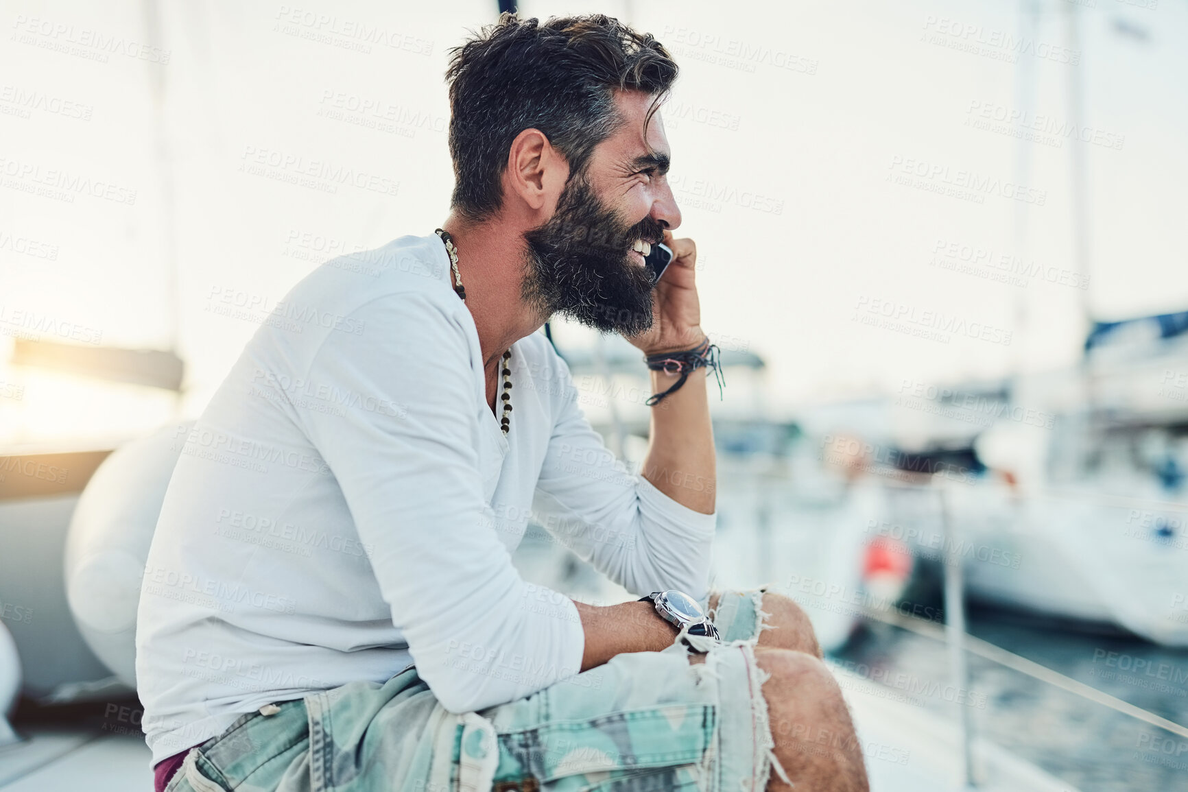 Buy stock photo Travel, man and talking with phone call in boat for communication, adventure and holiday cruise. Tourist, person and contact on luxury yacht at ocean for networking, conversation or relax on vacation
