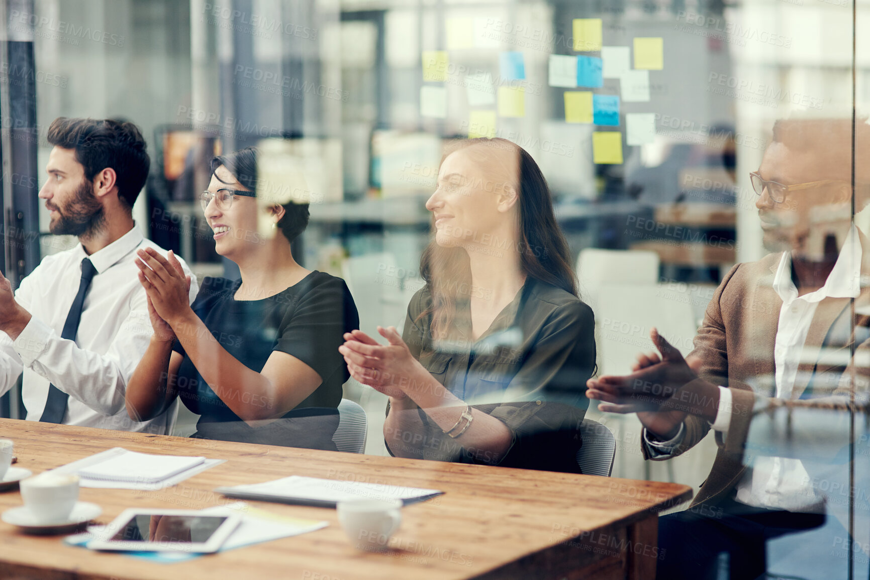 Buy stock photo Business meeting, applause and people cheering n support of presentation, results or target success. Creative, team and clapping hands in conference for congratulations, well done and development 