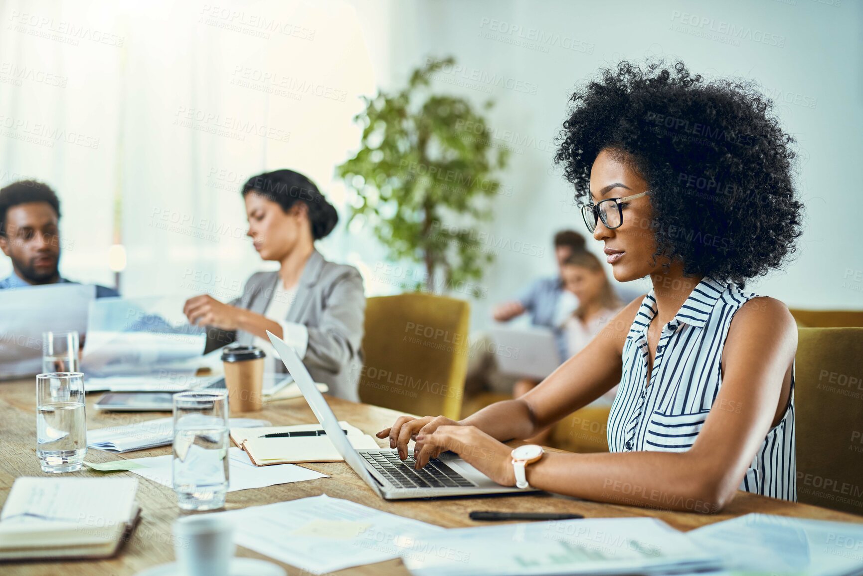 Buy stock photo Business woman, laptop and planning for collaboration, design project and partnership teambuilding. Workshop, designer meeting or creativity for growth, diversity and web review for company goals
