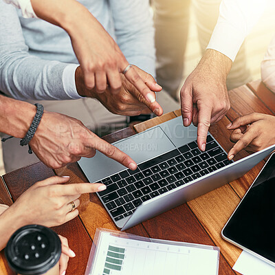 Buy stock photo Laptop, pointing and collaboration with business people in cafe for meeting, planning and solution. Discussion, finance  portfolio and brainstorming with employees in coffee shop for remote team