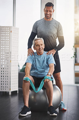 Buy stock photo Ball, physiotherapy and man with mature patient for wellness, medical service and consulting. Healthcare, chiropractor and physical therapist with person for rehabilitation, recovery and mobility