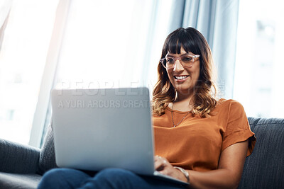 Buy stock photo Typing, relax and woman with laptop, creative and ideas for composer, digital and writing of lyrics and glasses. House, computer and inspiration of freelancer, online and remote work in living room