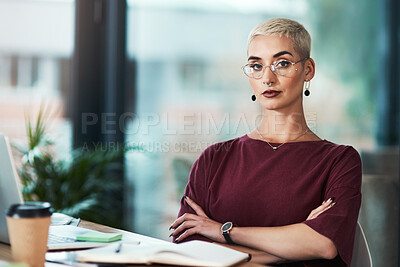 Buy stock photo Crossed arms, serious and portrait of businesswoman in office with creative project for magazine. Confident, glasses and female art director with pride for career at startup company in London.