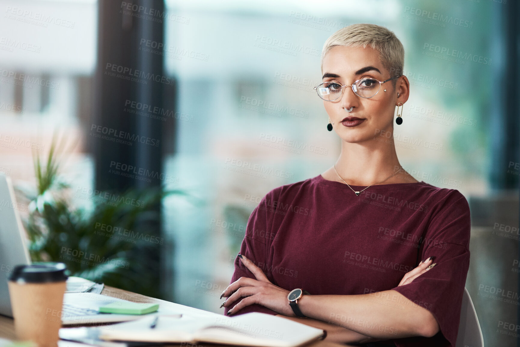 Buy stock photo Crossed arms, serious and portrait of businesswoman in office with creative project for magazine. Confident, glasses and female art director with pride for career at startup company in London.