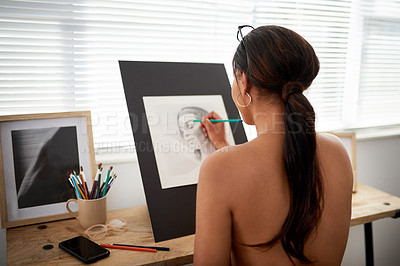 Buy stock photo Back, creative and painting with woman artist in home office for artwork, expression or inspiration. Artistic, canvas and drawing with painter person at desk in apartment for small business startup