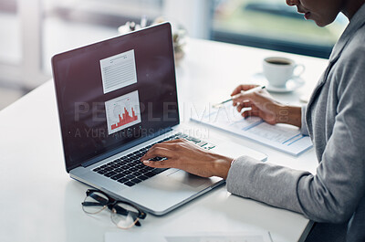 Buy stock photo Office, data and hands of woman at laptop for research, business analysis or online profit report at agency. Budget, planning and consultant at desk with computer, graph or financial risk management