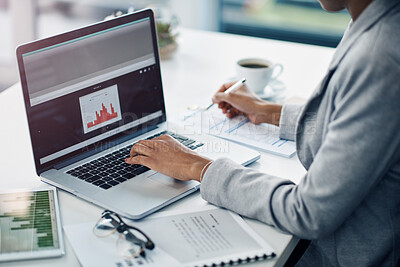 Buy stock photo Office, stats and hands of woman at laptop for research, business analysis or online profit report at agency. Budget, planning and consultant at desk with computer, graph or financial risk management