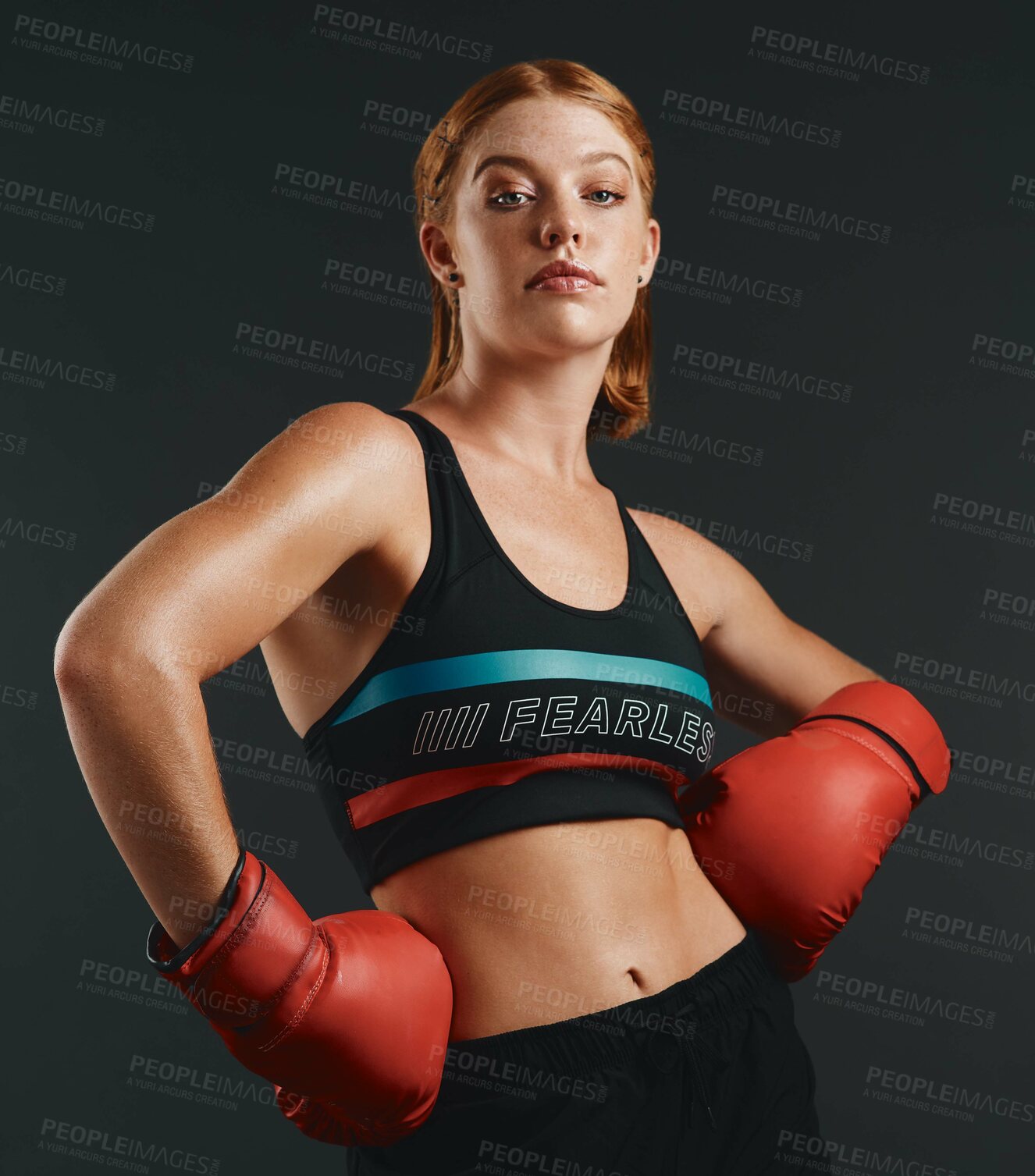 Buy stock photo Girl, boxing gloves and portrait as professional boxer on studio background for fitness or challenge. Female person, athlete and power for fight with strong muscle or pride for championship in sport