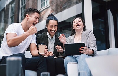 Buy stock photo Laughing, lobby and tablet with business people in office together for celebration or planning. Collaboration, fist pump and funny with smile of happy employee team at workplace for web development