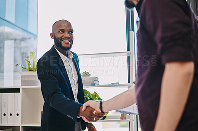 Buy stock photo Business, man and shaking hands in office for welcome, greeting and introduction with smile. B2b collaboration, employees and handshake at workplace for partnership deal, agreement and onboarding