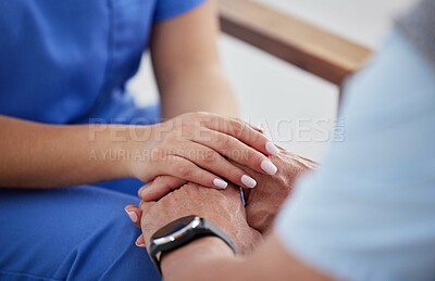 Buy stock photo Holding hands, people and support in clinic for therapy, communication and mental health with care. Empathy, client and employee help in workplace for counseling, psychology and trauma rehabilitation