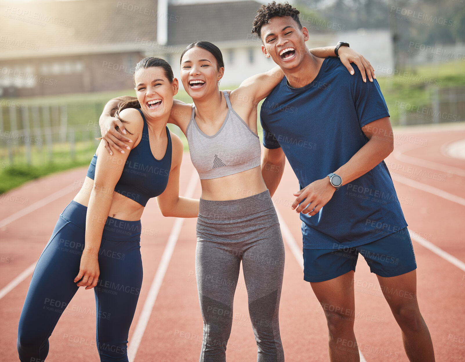 Buy stock photo Fitness, happy and portrait of people in stadium excited for marathon training, exercise and workout. Friends, teamwork and men and women hug for wellness, competition and race on track outdoors