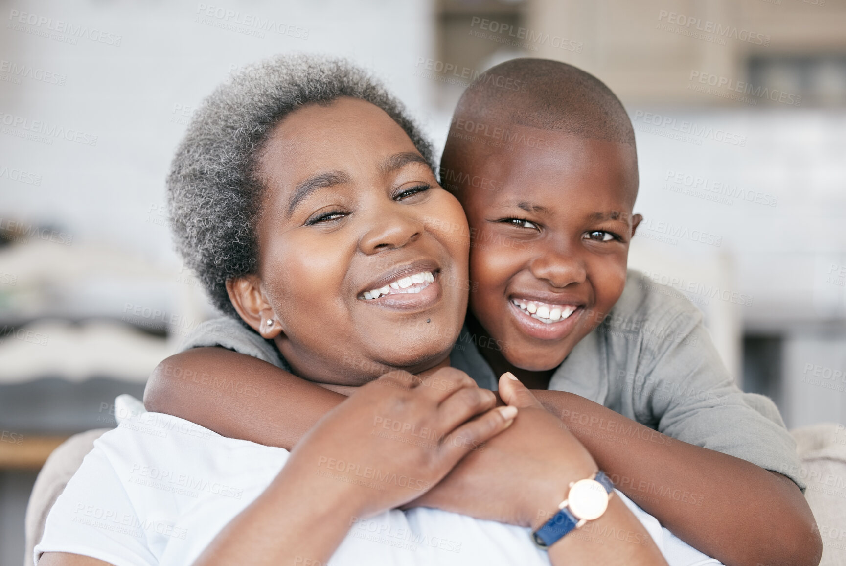 Buy stock photo Grandmother, hug or portrait of child in home on couch to relax with smile, support or care together. Black family, happy or senior grandparent with boy or kid for bonding, wellness or love in house